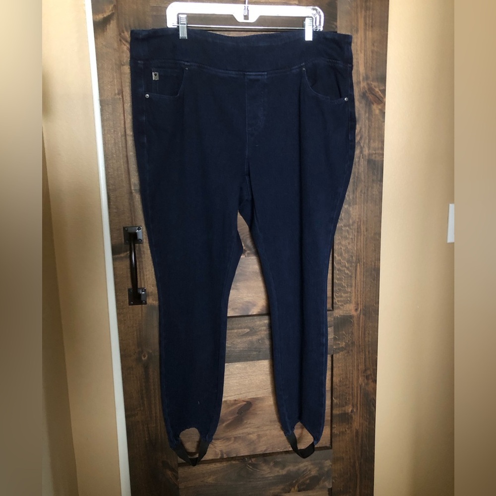 Stretch denim stirrups by Kim Gravel